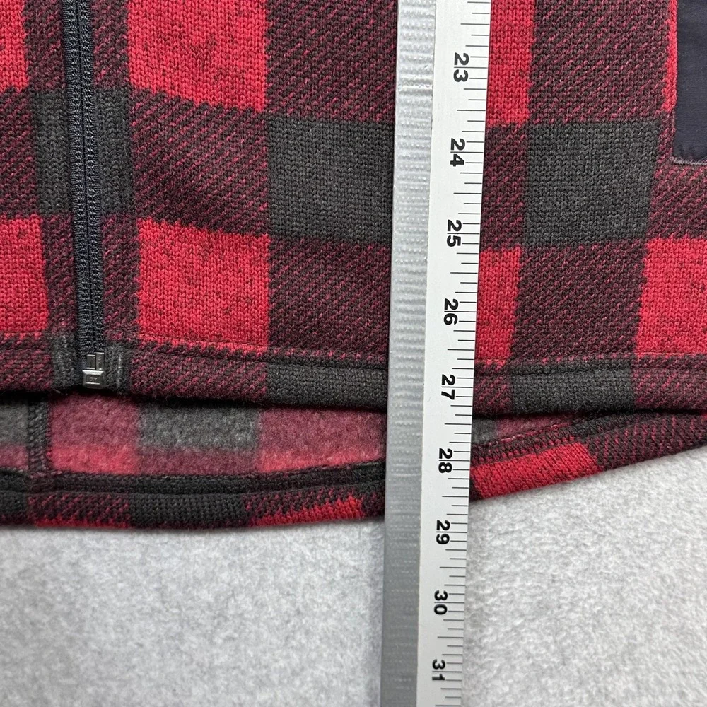 LL Bean Sweater Fleece Long Vest Womens Small Red Buffalo Plaid Full Zip Pockets